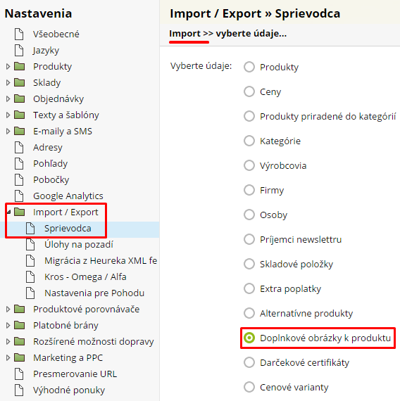 import doplnkových obrázkov v administrácii