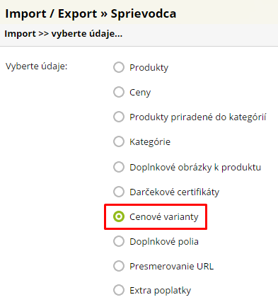 import cenové varianty