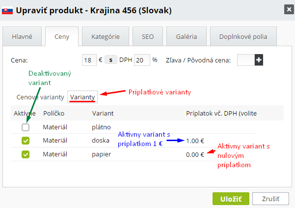 príplatkové varianty produktu