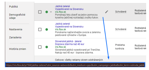 informácie o URL adrese s vlastným parametrom sledovania