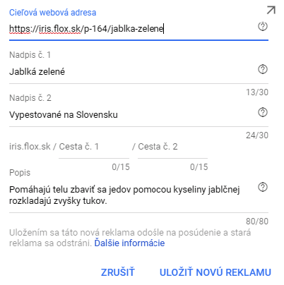 zmena pôvodnej cieľovej URL v AdWords