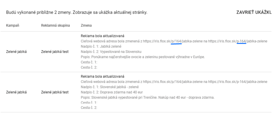 ukážka zmien URL adries v AdWords