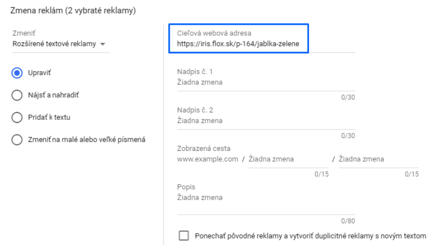 zmena URL adresy v textovej reklame