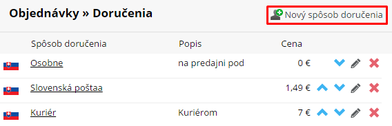 Nastavenie spôsobu doručenia objednávky