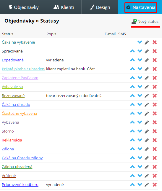 Prednastavené statusy objednávok