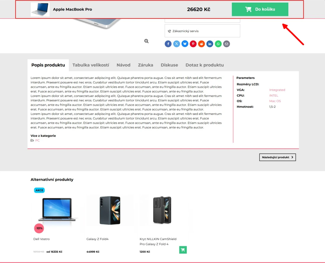 Nákupná lišta desktop verzie e-shopu - BiznisWeb.sk