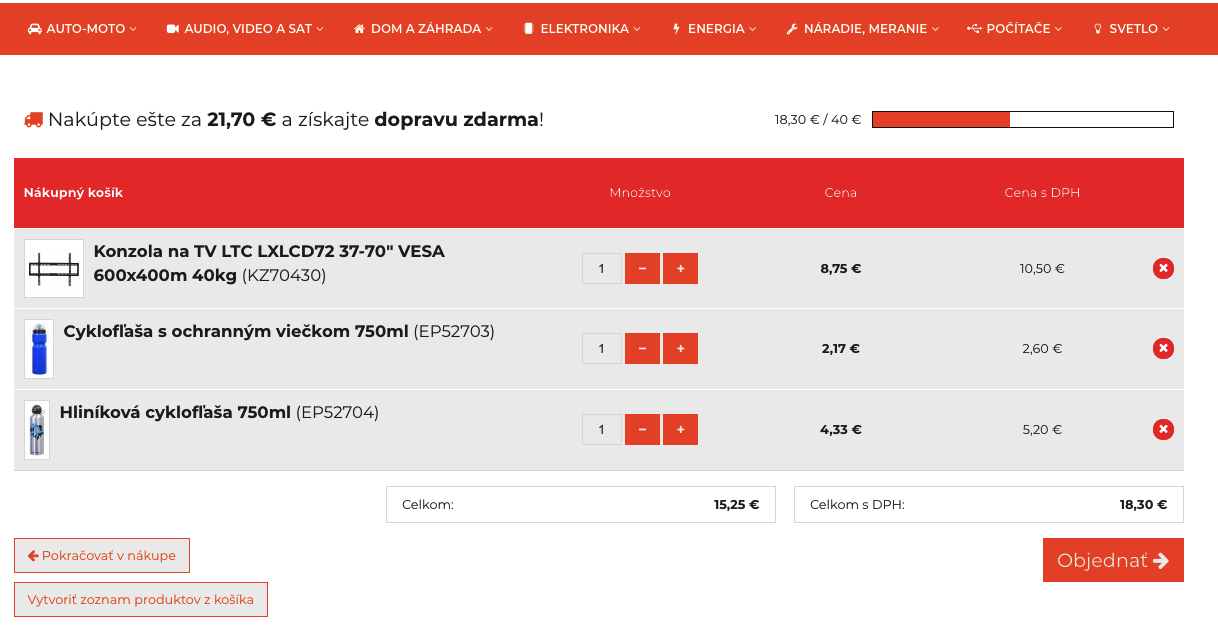 zobrazení košíku jako samostatné stránky