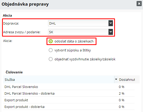 odoslanie dát o zásielkach do DHL