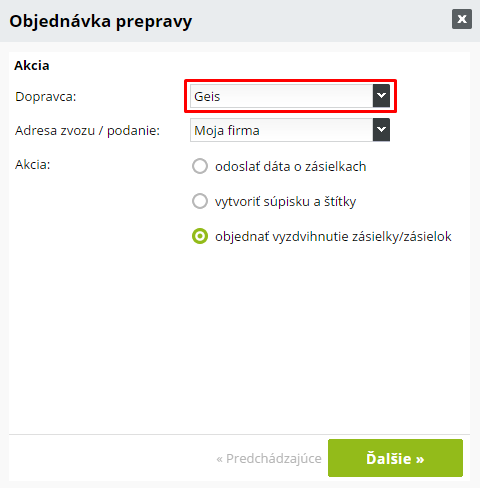 objednávka prepravy GEIS