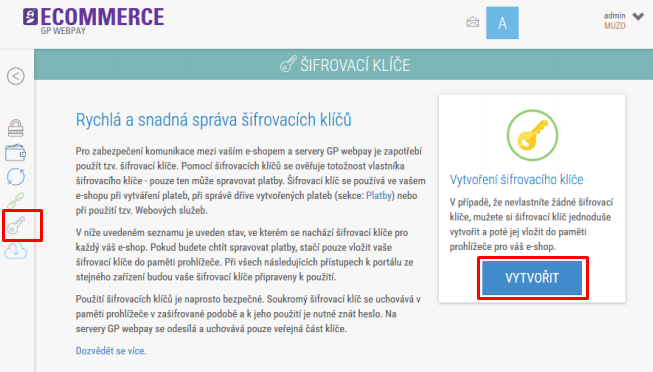 Správa kľúča GP WebPay
