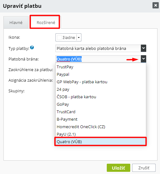 Nastavenie spôsobu platby pre Quatro - BiznisWeb