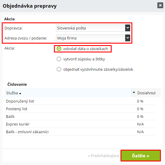 Odoslanie dát o zásielkach