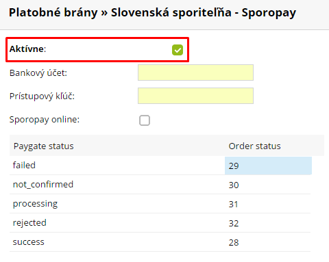 sporopay implementácia