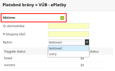 implementácia internetovej platby VUB