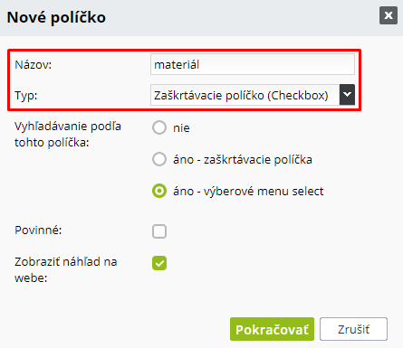 Nové doplňkové pole pro nastavení parametru materiál pro srovnávač Glami | ByznysWeb.cz