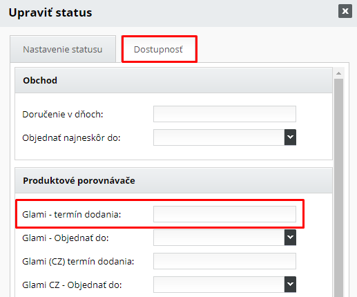 Glami delivery_date v admine eshopu vytvorenom na BiznisWeb.sk