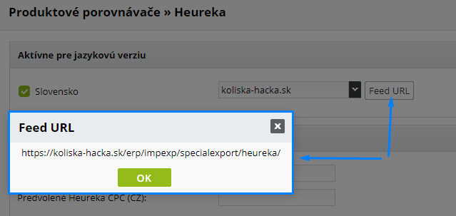 XML feed skopírujte do registračného formuláru Heureky