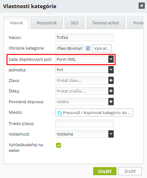 sada doplnkových polí pre produkt importovaný z XML dodávateľa