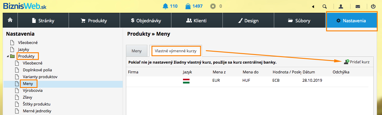 ako pridať vlastný kurz na prepočet meny do e-shopu