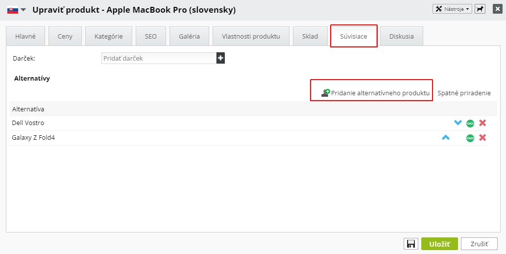 Pridanie alternatívneho produktu