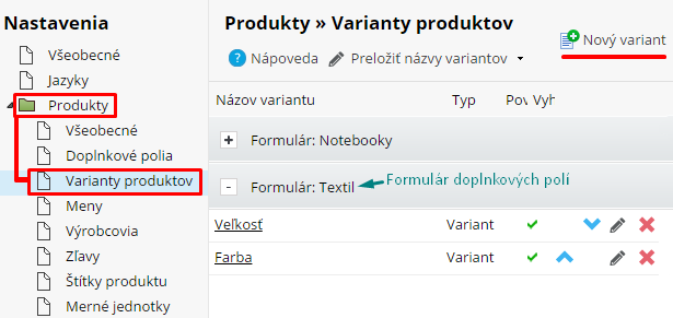 vytvorenie nových variantov produktov