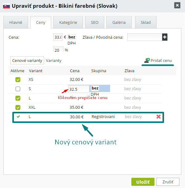 Úprava cenových variantov