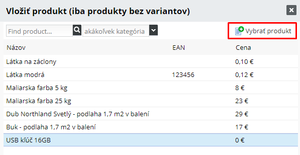 Výber existujúceho produktu ako darčeka