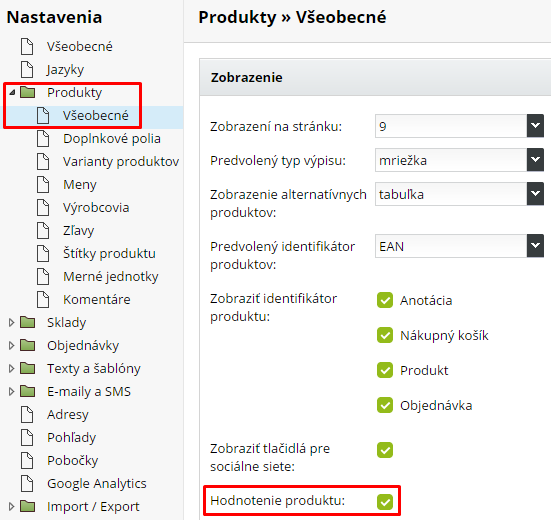 aktivácia hviezdičkového hodnotenia produktov