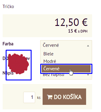 náhľad variantu v e-shope - rozbaľovacie menu