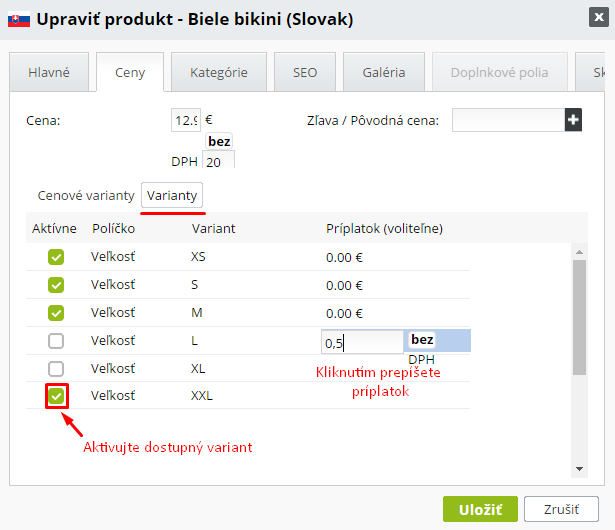 varianty produktov aktivácia