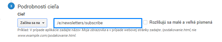 Podrobnosti cieľa pre newsletter