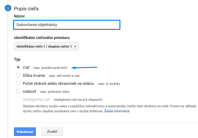 Popis cieľa v Google Analytics