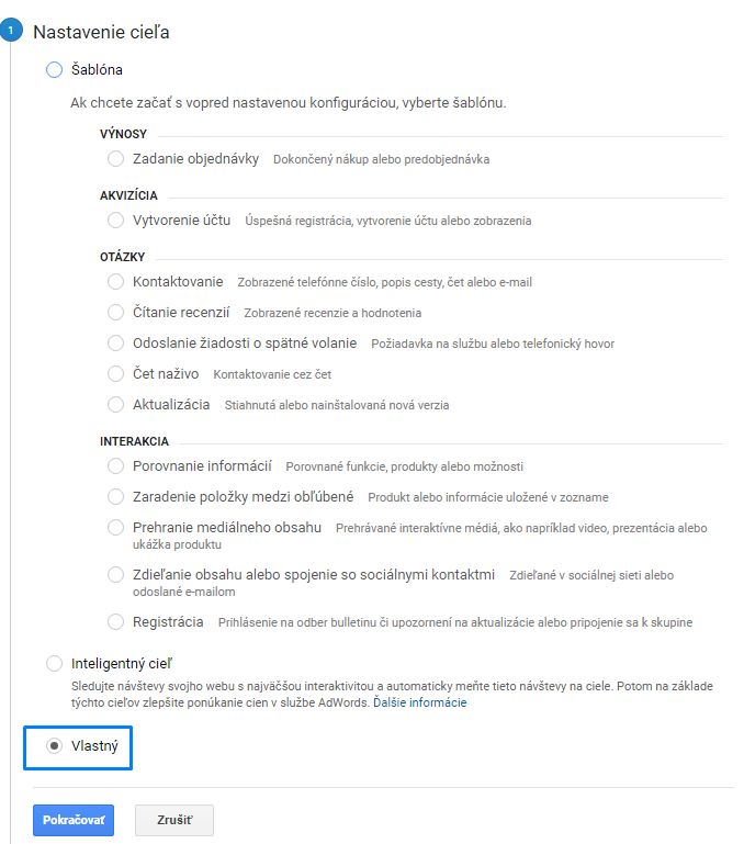 Vlastný cieľ Google Analytics