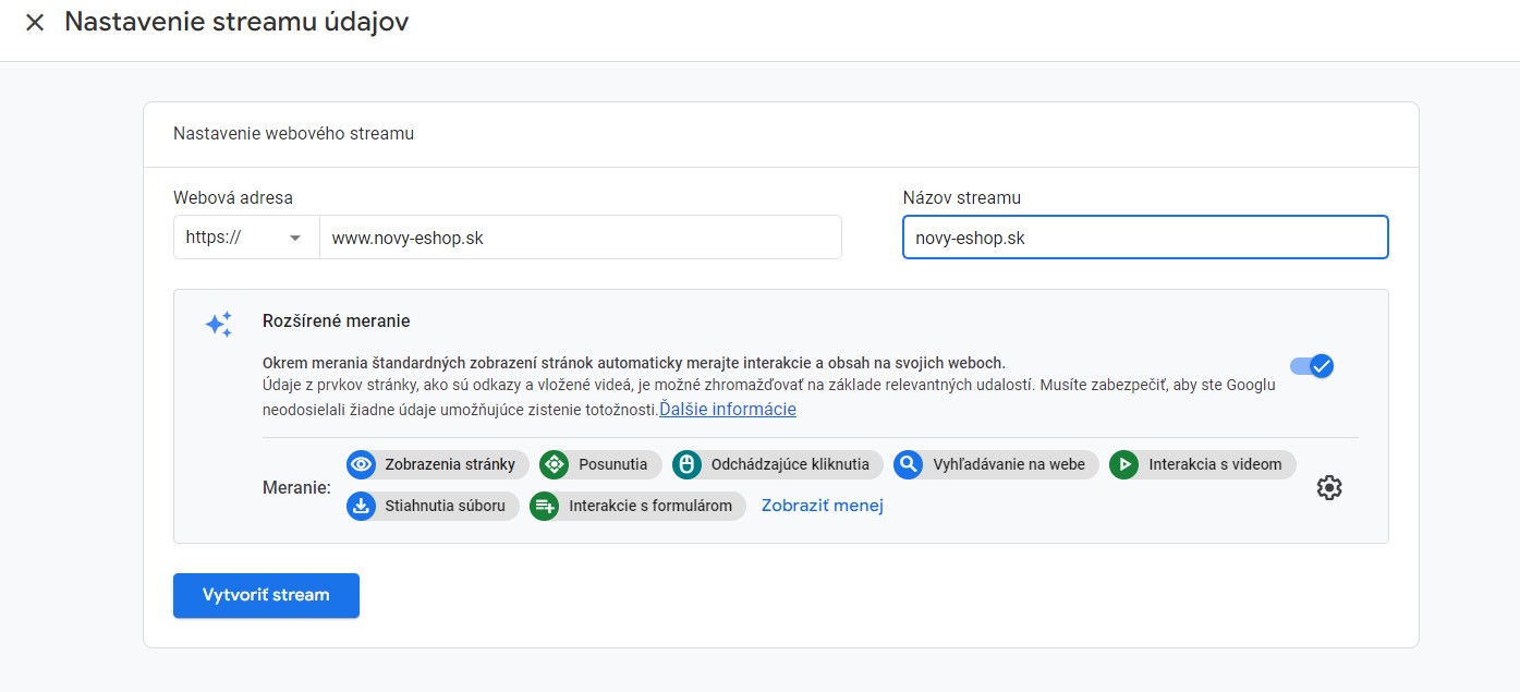 Nastavenie streamu údajov - ako aktivovať Google Analytics 4