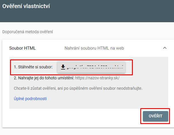 overenie vlastníctva prostredníctvom súboru HTML