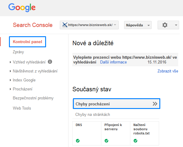 kontrolný panel google search console