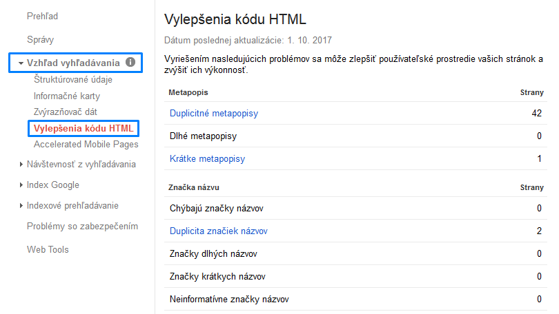 vylepšenia kódu popisky title v search console