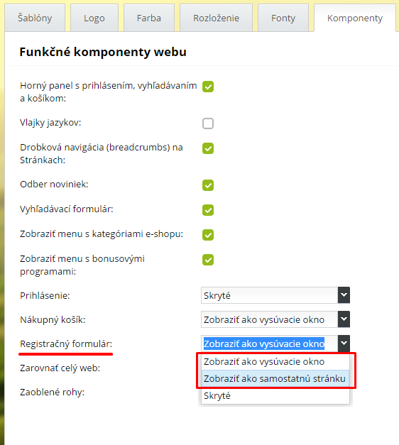 Zobrazenie registračného formulára