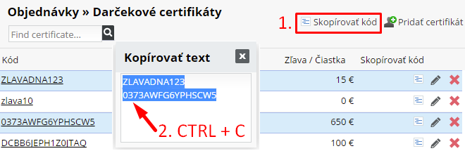 hromadné kopírovanie kódov darčekových certifikátov
