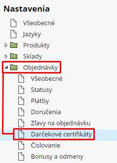 darčekové certifikáty v nastaveniach