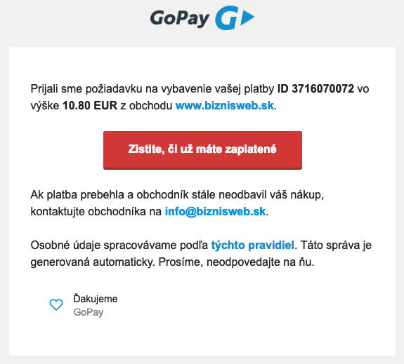 notifikácia realizácie inkasnej platby za BiznisWeb.sk