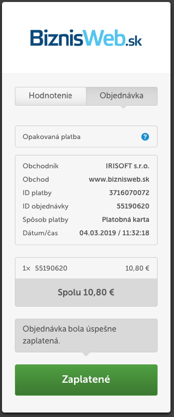 zrušenie inkasnej platby za služby BiznisWeb.sk