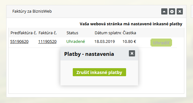 zrušenie inkasných platieb za BiznisWeb z administrácie