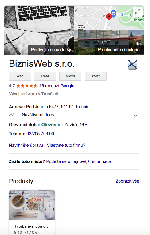 BiznisWeb profil na Google Moja Firma