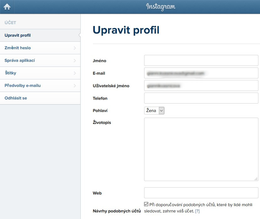 úprava profilu na instagrame