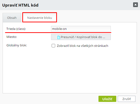 nastavenie bloku html