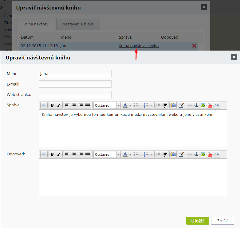 úprava príspevkov v knihe návštev