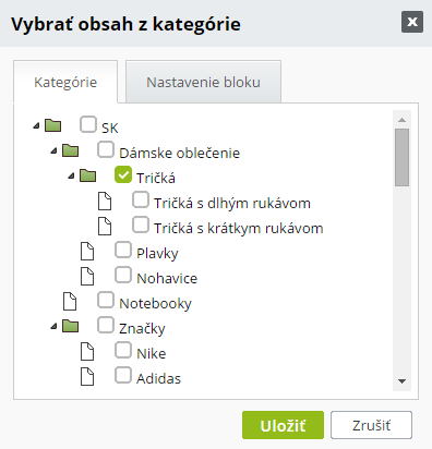 Výber kategórií pre zobrazenie