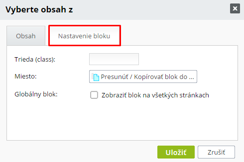 nastavenia bloku Zobraziť obsah z...