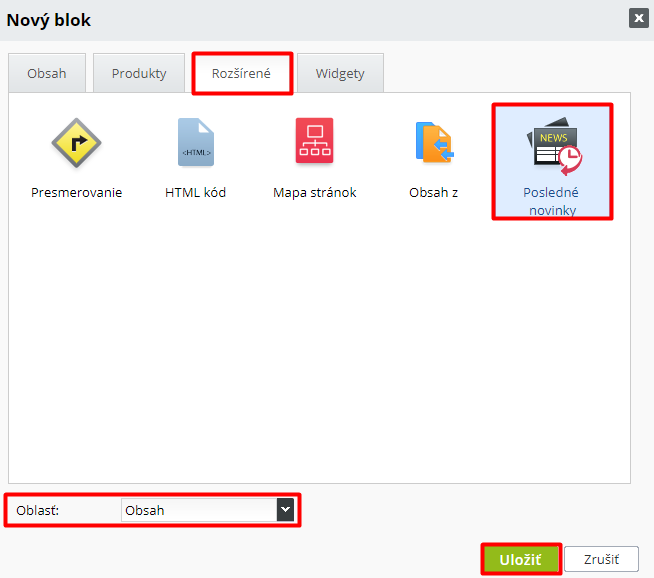 Pridanie bloku Posledné novinky - BiznisWeb